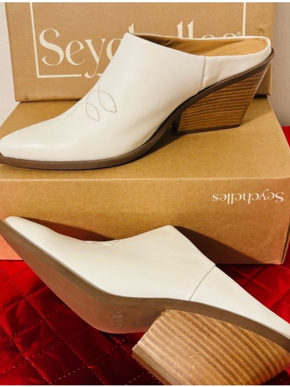 Seychelles Cream Leather Pointed Mule with Embroidered Detail